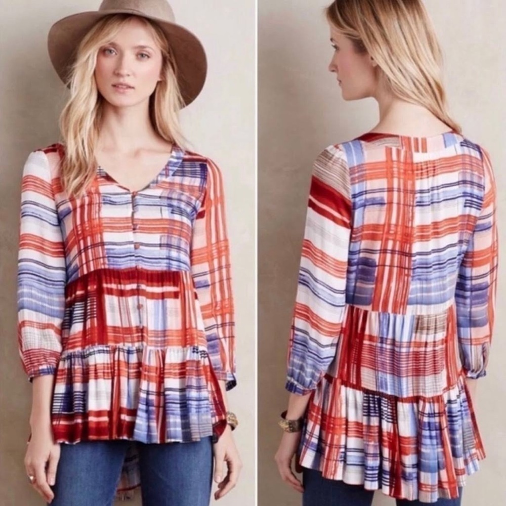 Anthropologie Maeve Babydoll Red White Blue Plaid Tunic Blouse